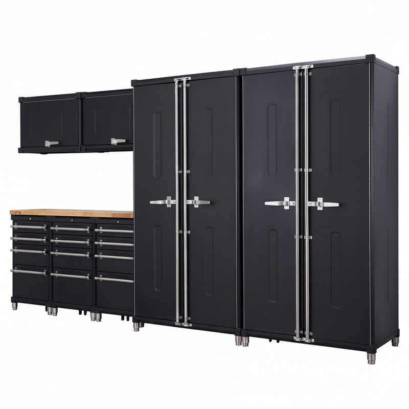 TRINITY PRO 8-Piece Garage Cabinet Set – 18-Gauge Steel, Lockable Drawers & 56" Rubberwood Worktop
