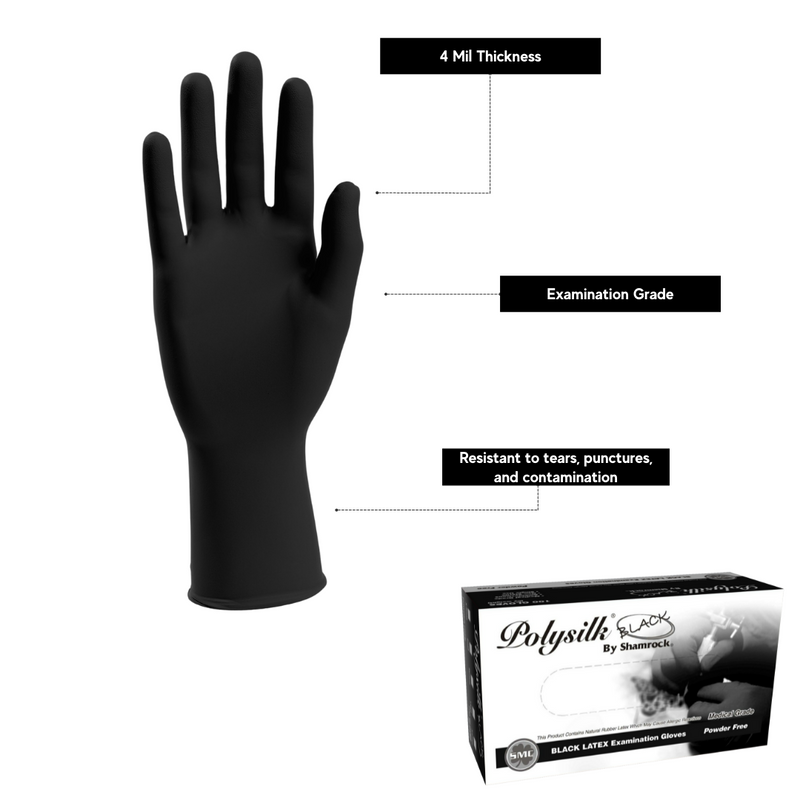 Polysilk by Shamrock Black Latex Gloves - Exam Grade, Powder Free (4 Mil), 1,000 Gloves - BOGO 20% OFF